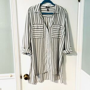 Jones New York XL grey & white stripe long tunic pockets side vents beachy